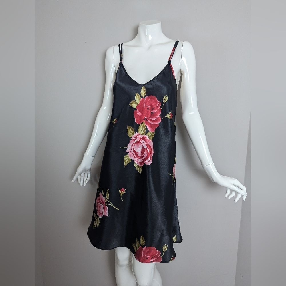 Vintage La Vie en Rose Black Floral Satin Slip Dress – Crisscross Back – SzLarge